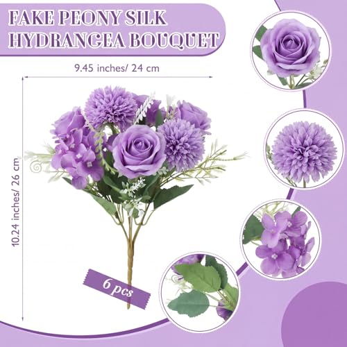 Tigeen 6 Pcs Bundles Artificial Bouquet Flowers Artificial Peonies Faux Roses Hydrangea Flowers Bouquet for Wedding Table Centerpiece Floral Vase Decor (Light Purple,Dark Purple) - color: Light Purple, Dark Purple
