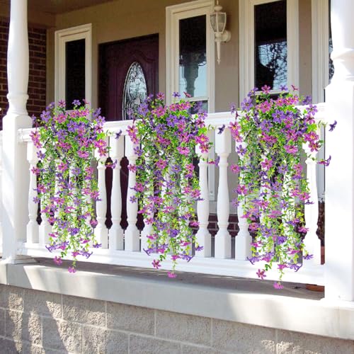4 PCS Artificial Hanging Flowers for Outdoors, Fake Hanging Plants UV Resistant Faux Silk Daisy with Eucalyptus Leaves for Outside Home Indoor Planter Porch Patio Balcony Yard Decor (Double Purple) - color: Double Purple