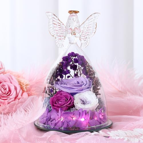Mothers Day Rose Gifts for Women Preserved Real Flower in Glass Angel Figurines Roses for Delivery Prime Birthday Gifts for Mom Grandma Girlfriend Wife Her, Light Purple Austin Roses - color: Light Purple With Austin Roses