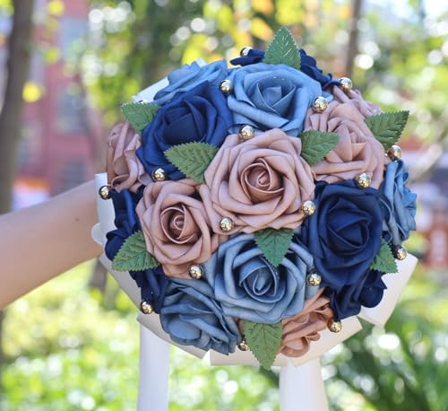 Handmade Wedding Bouquet Artificial PE Rose Bridal Bridesmaid Bouquet with Soft Ribbons Wedding Hand Holding Bouquet Artificial Fake Flowers Toss Bouquet(B-Blue & Navy Blue & Pink, 6.7"/17cm) - color: B-blue & Navy Blue & Pink, size: 6.7"/17cm