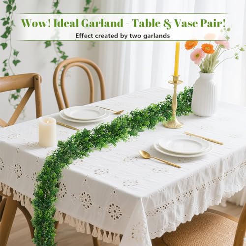 DDHS Artificial Boxwood Garland, 6FT Fake Plant Greenery Eucalyptus Garland Faux Vines Hanging Plant Green Artificial Boxwood Plants for UV Outdoor Indoor Wedding Backdrop Wall Table Farmhouse Party