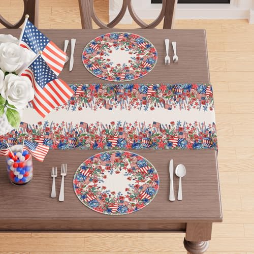 XCHI Watercolor Flowers America Stars Fireworks Memorial Day Round Placemats Set of 4 Table Mats 4th of July Patriotic Independence Day for Party Home Kitchen Dining Table Decorations 14x14 Inch - size: Round Placemats Set of 4 （14x14 Inch）