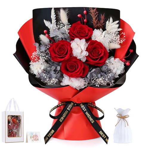 Lewondr Flower for Delivery, Preserved Flowers Bouquet, Red Rose Bouquet with Gift Box, Real Long-Lasting Forever Birthday Flowers Gifts for Wife Girlfriend Mothers Day Anniversary Proposal, White-Red - color: White-Red