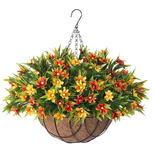 INXUGAO Artificial Hanging Flowers with 12" Basket for Outdoor Decor, Faux Silk Daisy Flower UV Resistant Plants Arrangements Decoration for Indoor Porch Garden Yard(Orange) - color: B-orange