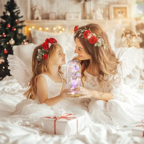 Gifts for Mom Birthday Gifts for Women Angel Rose USB Rechargeable Light Up Flowers in Glass Dome, Angel Figurine Anniversary Preserved Flowers Gifts for Mom Women Wife Grandma Her - color: New-angel
