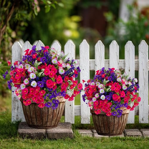 AXYLEX Artificial Flowers Outdoor Morning Glory - 16 Bundles Fake Plants UV Resistant No Fade Faux Plastic Greenery Home Garden Porch Decoration Indoor (1, Multi16-3) - color: Multi16pcs - White+red Pink+purple+lavander