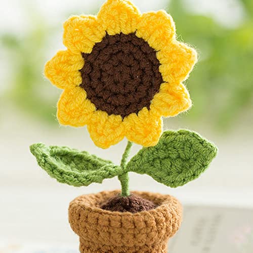 JOONOR 3PCS Mini Crochet Sunflower Potted Plant,Knitted Fake Sunflower for Bathroom Home Kitchen Rustic Table Centerpiece Shelf Decor - color: Color#4