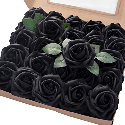 Floroom Artificial Flowers 25pcs Real Looking Black Foam Fake Roses with Stems for DIY Wedding Bouquets Centerpieces Arrangements Party Tables Home Halloween Decorations - color: Black, size: 25Pcs