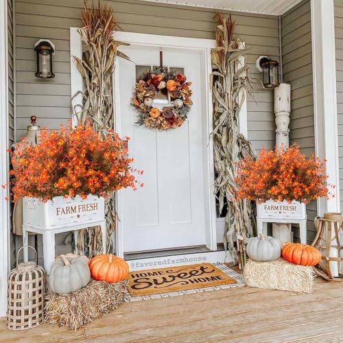 Grunyia 12 Bundles Artificial Fall Flowers No Fade Faux Autumn Plants, Fake Indoor Outdoor Greenery Decorations for Thanksgiving Christmas Wedding Party Home Garden Fireplace Décor (Fall Red) - color: Fall Red