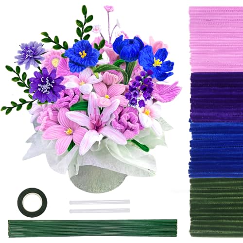 TOAOB 200pcs Pipe Cleaners Craft Supplies DIY Cornflower Bouquets Making Purple Thick Chenille Stems Artificial Flowers Craft Supplies for DIY Art Home Decorations Pink Blue Purple Moss Green - color: Pink/Blue/Purple/Moss green