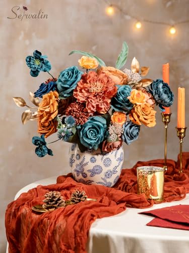 Serwalin Artificial Flowers, Teal Burnt Orange Silk Floral Centerpieces, Fake Flowers Bouquets Box Set for Wedding Bridal Baby Shower Party DIY Craft Home Cake Decoration - color: A Blooming Orange Teal, size: Square