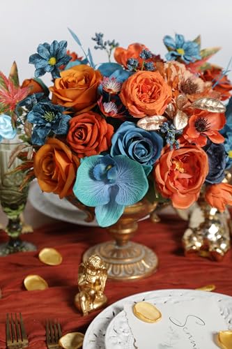 Fall Orange Artificial Flowers Roses Fake Flowers with Stems Blue Orange Artificial Flowers for DIY Bridal Bouquets Faux Flowers Centerpieces for Table Home Decor - color: Fall Orange