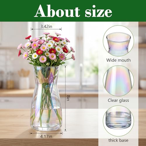 8 inch Flower Vase,Set of 2 Glass Vases for Flowers,Clear Glass Flower Vase for Centerpieces Table,Flower Bouquet Decoration,Wedding Decor Gift,Birthday,Living Room,Dining Table,Colorful - color: Iridescent