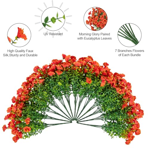 Ouddy Decor 24 Bundles Artificial Fall Flowers for Outdoors Decoration Artificial Mums Fake Silk Morning Glory Flowers Plants UV Resistant for Fall Autumn Thanksgiving Porch Garden Home Decor, Orange - color: Deep Orange