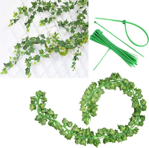 Artificial Ivy Garland 70 Ft (10 Pack) with Clips & Green Flowers – Faux Greenery Hanging Vines for Wall, Room, Garden & Wedding Decoration