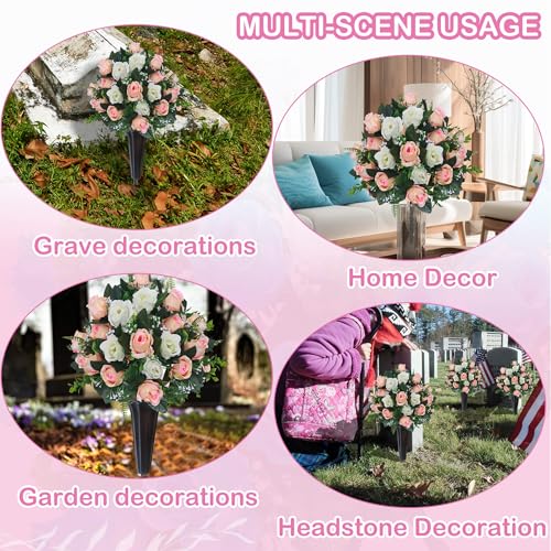 Lodou Set of 2 Artificial Cemetery Flowers, Memorial Flowers Bouquet,Grave Memorial Flowers with Vase for Cemetery Headstones Decoration (Beige White) - color: Beige White