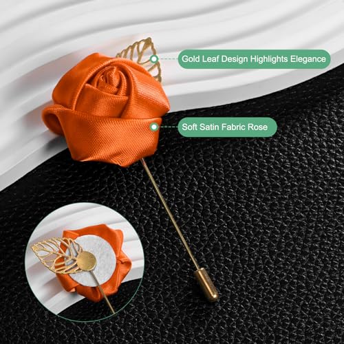 M METERXITY 12-Pack Flower Lapel Pins for Men, Golden Leaf Rose Boutonnieres Pin for Wedding/Dance/Party, Mens Lapel Pins for Suits Satin Flower Corsage Hat Pins [Orange] - color: Orange