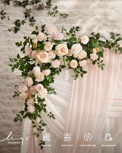 Ling's moment Deluxe Spring Artificial Wedding Arch Flowers with Drapes Kit-Pack of 5, 2pcs Flower Arrangements 3pcs Hanging Sheer Drapes Cream Ceremony Arbor Reception Backdrop Rose Floral Decoration - color: Pk-cream