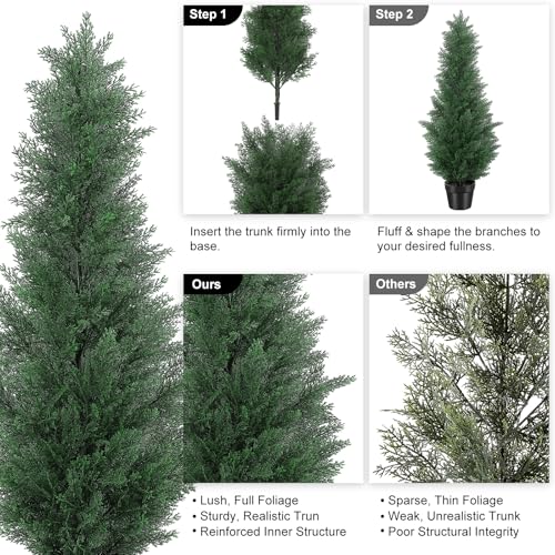 3FT Artificial Cedar Trees, Set of 2 - UV Resistant Realistic Faux Evergreen Cypress Trees, Adjustable Branches, All Weather for Front Porch, Outdoor Planters, Indoor Home Decor - size: 3ft