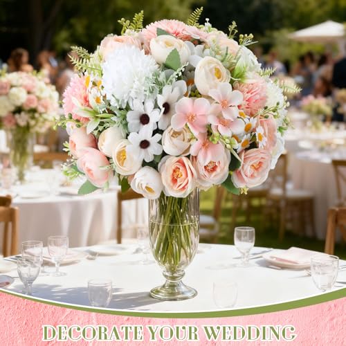 Tigeen 6 Bundles Artificial Bouquet Flowers Artificial Peonies Faux Roses Hydrangea Flowers Bouquet for Wedding Table Centerpiece Floral Vase Decor (White,Pink) - color: White,pink