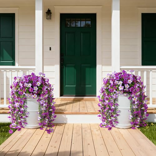 Artificial Fake Flowers Plants for Outdoor Spring Summer Decoration,2 PCS Faux Silk Morning Glory with Eucalyptus Leaves,UV Resistant Realistic Outdoor Flowers for Balcony Porch Patio Yard Garden - color: Orchid Deep Orchid