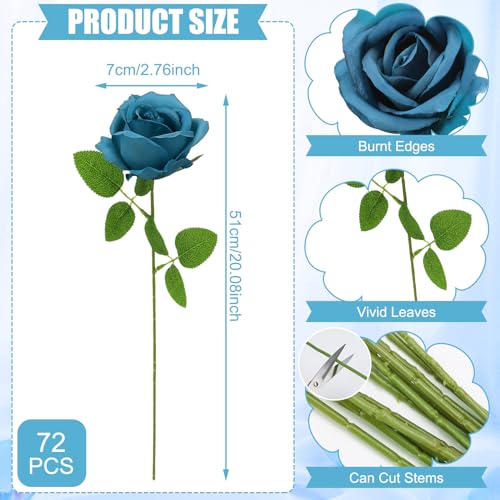 72 Pcs Artificial Roses Teal Fake Silk Roses Realistic Roses Faux Flower Indoor Wedding Home Decor, Birthday Decorations - color: Teal