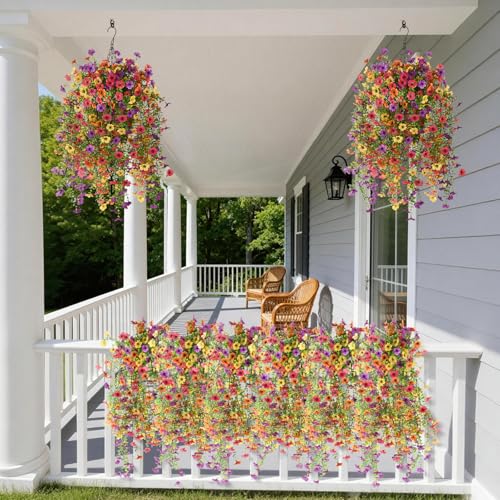 Artificial Hanging Flowers for Outdoors, 2 Pcs Fake Hanging Plants Spring Summer Decor, UV Resistant Faux Silk Daisy Flower for Front Door Porch Planter Patio Yard Garden(Purple Rose Orange Yellow) - color: Purple, Rose, Orange, Yellow