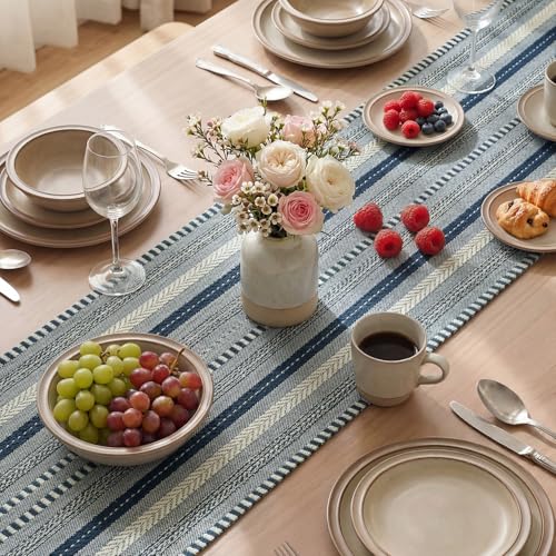 Artoid Mode Dark Blue Farmhouse Woven Table Runner, Seasonal Holiday Rustic Kitchen Dining Table Decoration for Home Party Decor 12x72 Inch - color: Dark Blue, size: 12" x 72", Table Runner