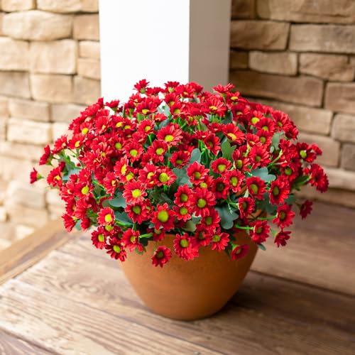 Daisy Artificial Flowers for Outdoors Decoration, 6 Bundles Fake Plants Flowers Bouquet Faux Flowers for Outdoor Planter Look Real UV Resistant Silk Flowers for Outside Front Door Porch Patio, Red - color: Red