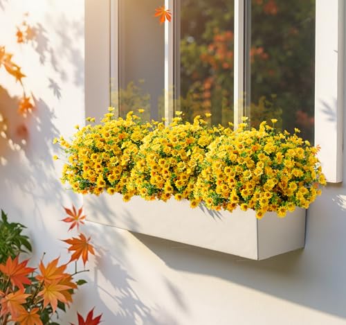 Artificial Mums Fall Fake Flowers for Outdoors, 10 Bundles Faux Mums Autumn Decorations,UV Resistant Silk Flowers Plastic Plants for Outside Front Porch Garden Patio Home Planters Decor (Yellow) - color: Yellow