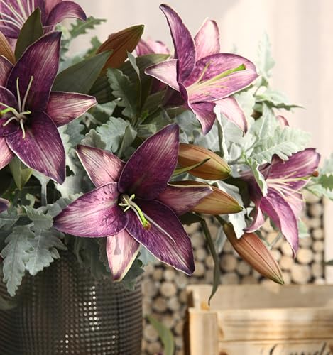 Purple Silk Lily Flowers 6PCS Vintage Faux Flowers for Vase Purple Fake Flowers Tiger Lily Artificial Flowers for Home Decor Indoor Wedding Party Flowers Arrangement - color: 6pcs-purple