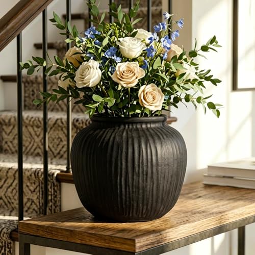 Oakrain Large Rustic Vase with Vertical Ribbed Texture, 9" Vintage Black Round Vase, Decorative Planter for Indoor, Table Centerpieces, Distressed Decor - color: Matte Black, size: 9" Dia