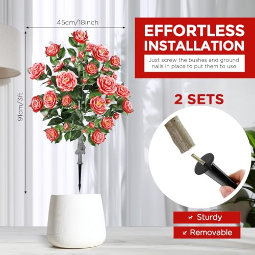 Lunmon 2 Pack 3ft Artificial Camellia Plants Tree 36" Faux Camellia Flower with Spike UV Resistant Realistic Fake Floral Blooming Bush for Indoor Outdoor Front Door Porch Backyard Garden, Red White - color: Red White Bicolor, size: 3 ft