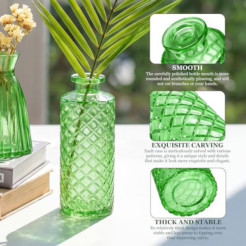 12 Pcs Green Bud Vases Set, Armber Small Vintage Glass Clear Bud Flower Vases Bulk Multiple Shape Cute Mini Glass Bottles Vases for Rustic Wedding Centerpieces Table Decorations and Home Decor - color: Green