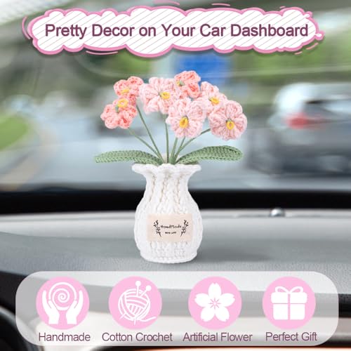 Forget Me Not Crochet Flower Plant, Small Cute Handmade Knitted Flowers with Vase, Small Crochet Potted Artificial Flower Plants for Desk Home Car Dashboard Office Decorations (Forget Me Not-Pink) - color: Forget Me Not-pink
