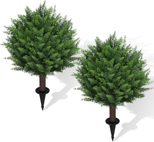 AOKIIE 24" Artificial Cedar Topiary Bushes UV Protection for Outdoor 2PCS | Fake Cypress Trees for Outdoors, Pine Plants for Patio, Porch, Home, Doorway Decor - size: 22Inches