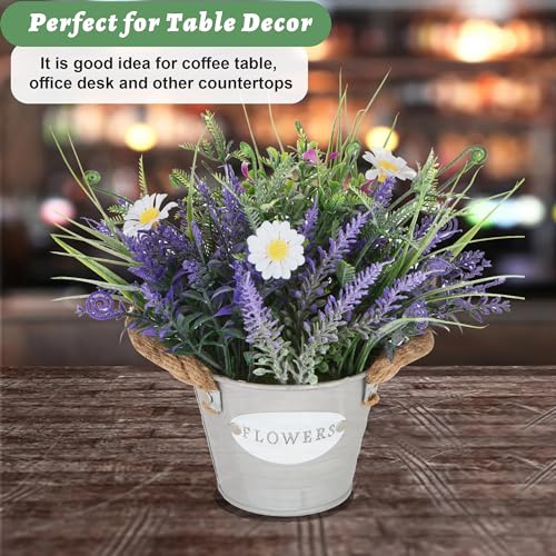 Artificial Lavender Plant 10" Purple Flowers with White Daisy in Galvanized Pot - Farmhouse Decor for Home Living Room Bedroom Bathroom Coffee Table - color: Lavender Flowerr With White Daisy