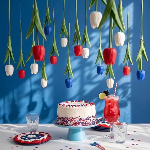 12 Pack Red White Blue 5 ft Artificial Hanging Tulips Garland, 4th of July Dangling Faux Tulip Wall Ceiling Patriotic Hanging Flower for Independence Day 250th Anniversary Home Party Decor - color: Red White Blue