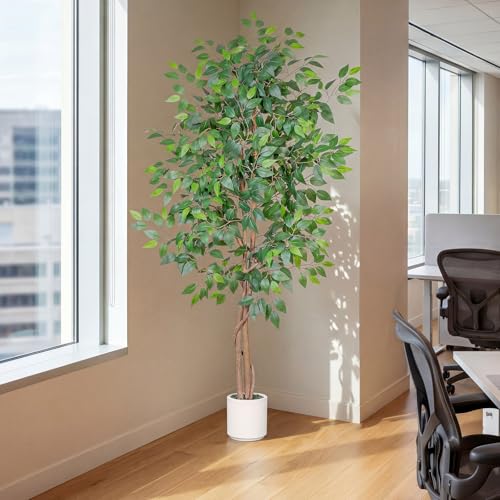 Artificial Ficus Tree 6FT Tall, Faux Ficus Tree Indoor Outdoor, Fake Silk Ficus Plant with Planter, Lifelike Leaves Large Potted Floor Tree for Home Office Living Room Porch Decor - size: 6ft