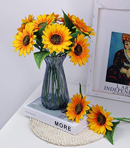 Olrla Artificial Sunflowers with Stems,10pcs Faux Silk Yellow Flower for Wedding Bouquet Floral Arrangement Table Centerpieces Home Office Garden Decoration (No Vase - color: Yellow 10pcs
