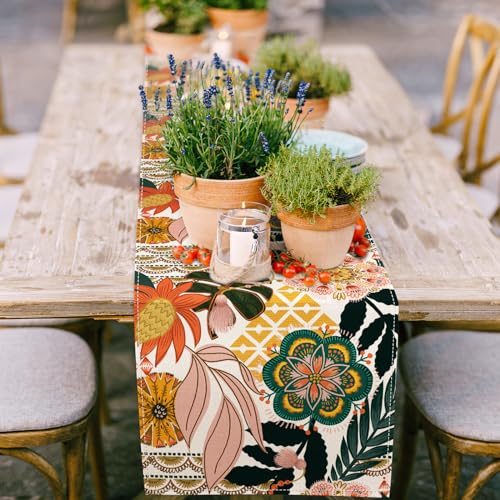Boho Floral Table Runner Vintage Flower Tropical Leaves Kitchen Dining Table Decoration Botanical for Indoor Outdoor Home Party Decor Supplies, 13 x 72 Inch
