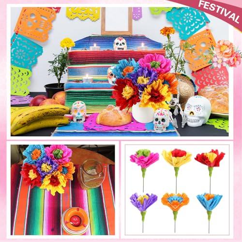 Ctosree 6 Pcs Mexican Paper Flowers Artificial Rainbow Crepe Paper Flowers Bunch with Stems De Papel para Decoracion Mexican Fiesta Assorted Flower Centerpieces for Fiesta Cinco De Mayo Party Home - color: Bright
