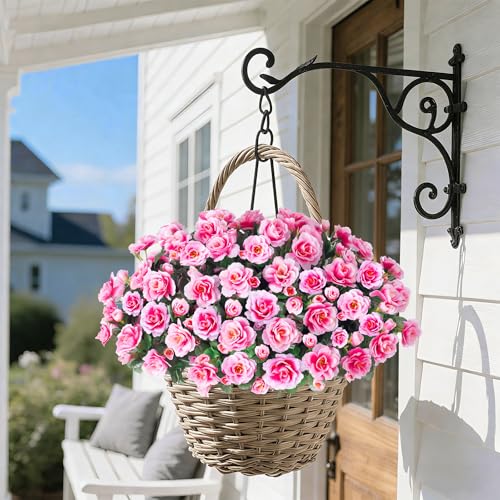 HyeFlora Artificial Faux Outdoor Flowers Plants for Spring Summer Decoration, Fake Silk Camellia UV Resistant Look Real for Planter Outside Front Door Porch Patio Balcony, 3 Large Bundles - color: Pink