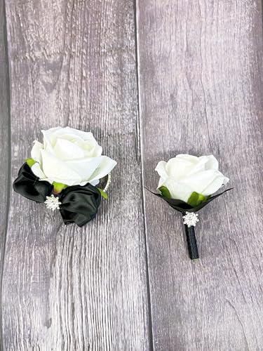 Ting & Cecilly Rose Wrist Corsage Boutonniere Set Artificial Flower Corsage Boutonniere with Satin Ribbon Rhinestone Decor Handmade Silk Flower for Prom Wedding Party Suit Decor (Black) - color: Black