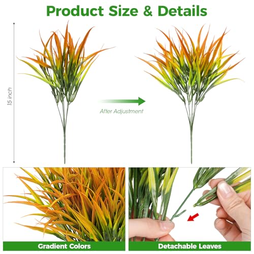 16 Pcs Artificial Plants Outdoor Fake Grass Faux Greenery Stems UV Resistant Plastic Plants Shrubs for Planters Patio Garden Front Porch Pathway Spring Summer Home Decor, Yellow - color: Yellow