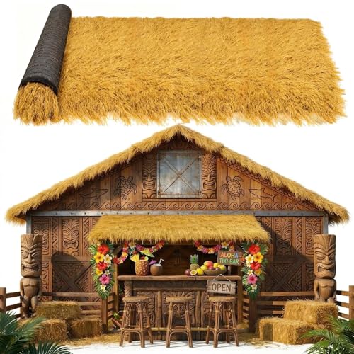 XLX TURF Artificial Thatch Roof for Tiki Bar Huts Hawaiian Cowboy Party Decorations - Fireproof Wild Mexican Style Artificial Hay Straw Roll Crafts Garden Fence Patio - 12' x 15.74" Duck Blind Grass - size: 15.74" x 12'