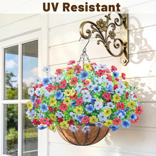 2 Pack Artfiticial Hanging Flowers Baskets for Outdoors, UV Resistant Faux Hanging Plants, 24 Pcs Fake Silk Flowers for Patio Garden Front Porch Balcony Decor (Red White Blue Yellow) - color: Red White Blue Yellow