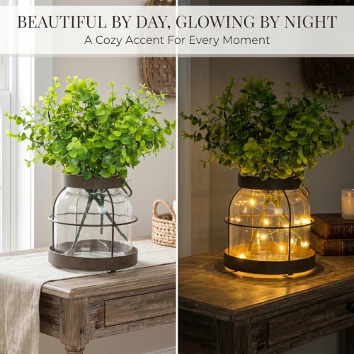 Rustic Farmhouse Table Centerpiece with Artificial Eucalyptus & Fairy Lights, Glass Vase in Metal Lantern Frame, Battery Operated Ambient Decor for Living Room & Kitchen, 13.4" Tall - color: Vase+eucalyptus+light