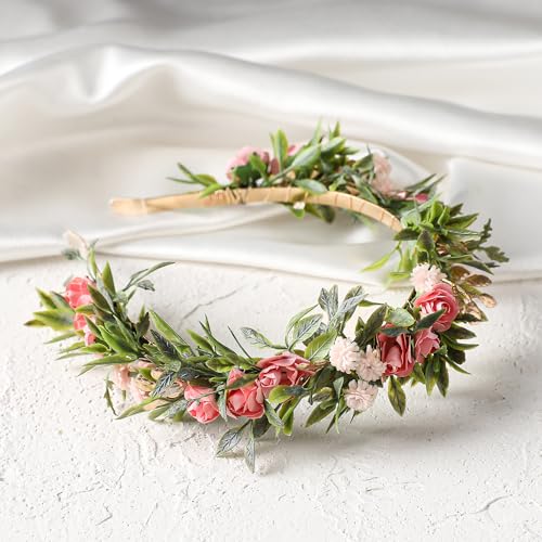 Fairy Pink Flower Crown, Artificial Boho Rose Floral Headpiece, Adjustable Forest Woodland Flower Headbands for Women Girls Maternity Wedding Renaissance Festival Party Hair Accessory - color: Pink