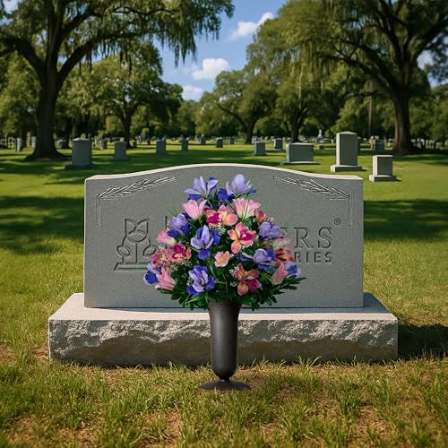 Sympathy Silks Artificial Cemetery Flowers - Grave Decoration - Cream Pink Tulips and Purple Iris (1) Bouquet (1) Vase - color: Cream Pink, size: (1) Bouquet (1) Vase